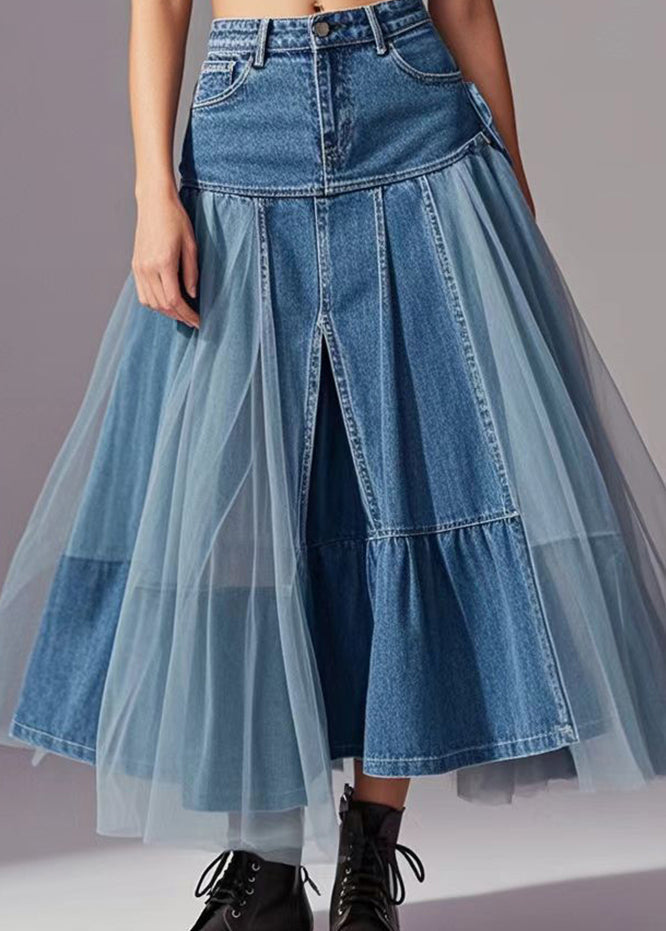 Kvinders Denim Nederdel med Tyl Detaljer Patchwork Design 3