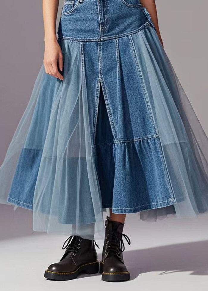Kvinders Denim Nederdel med Tyl Detaljer Patchwork Design 4