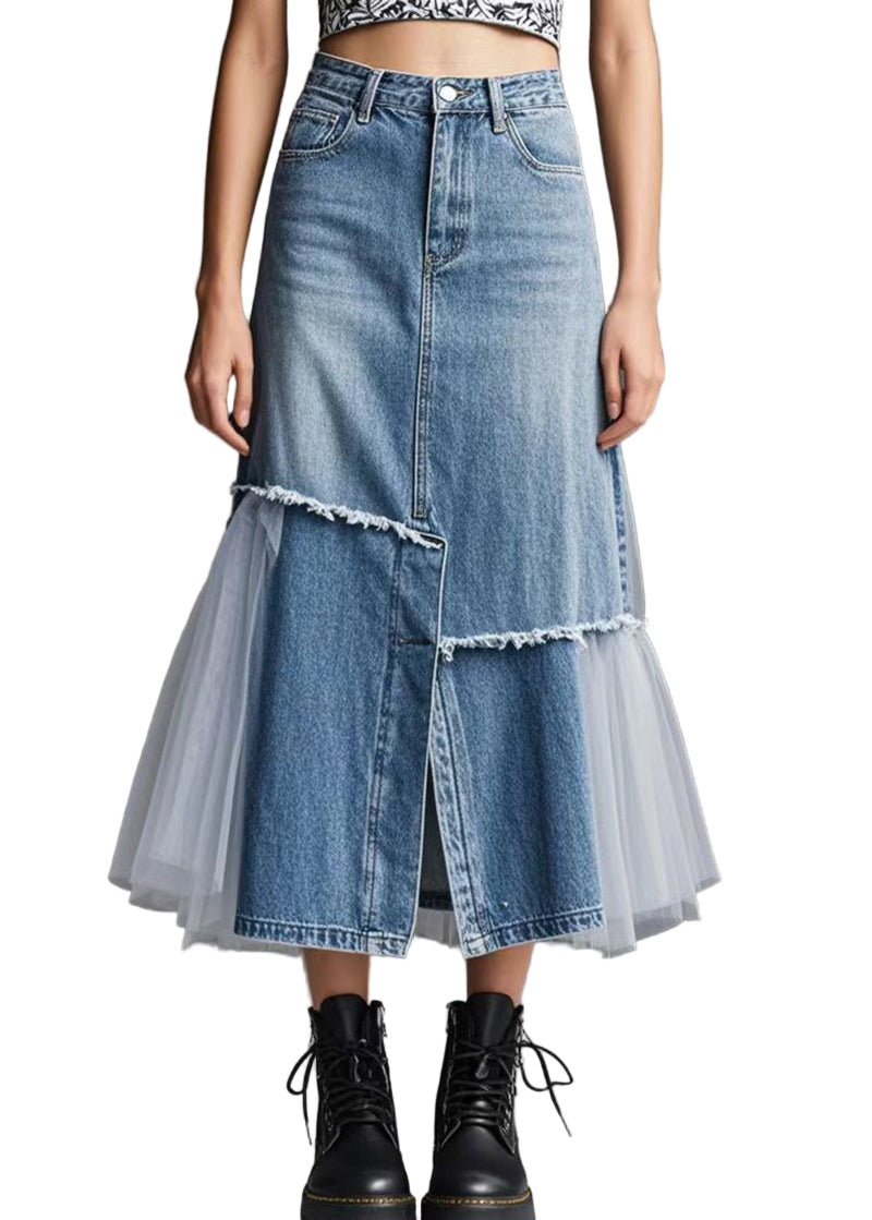 Kvinders Denim Nederdel med Tyl Patchwork 0