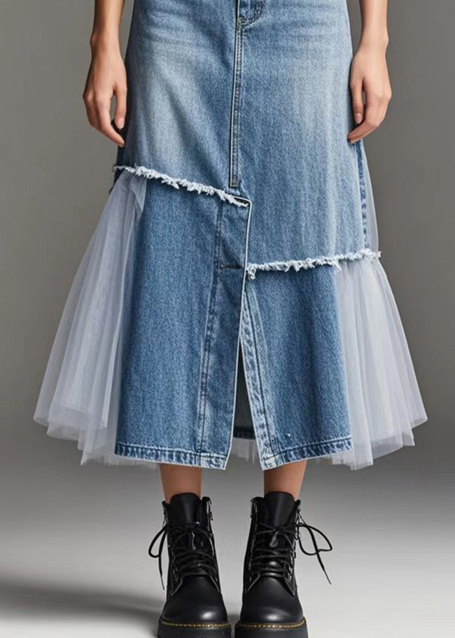 Kvinders Denim Nederdel med Tyl Patchwork 4