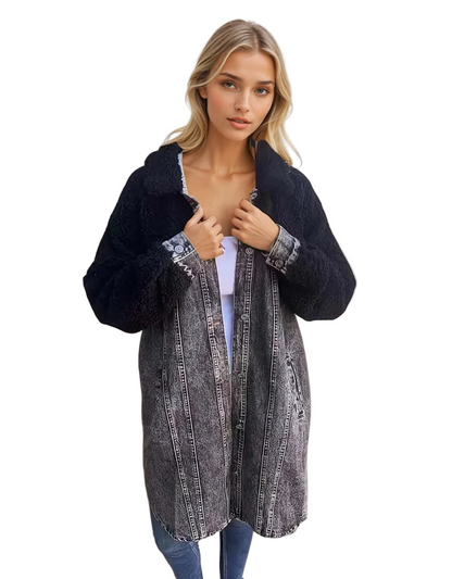 Kvinders Denim Overcoat med Ulddetaljer 0