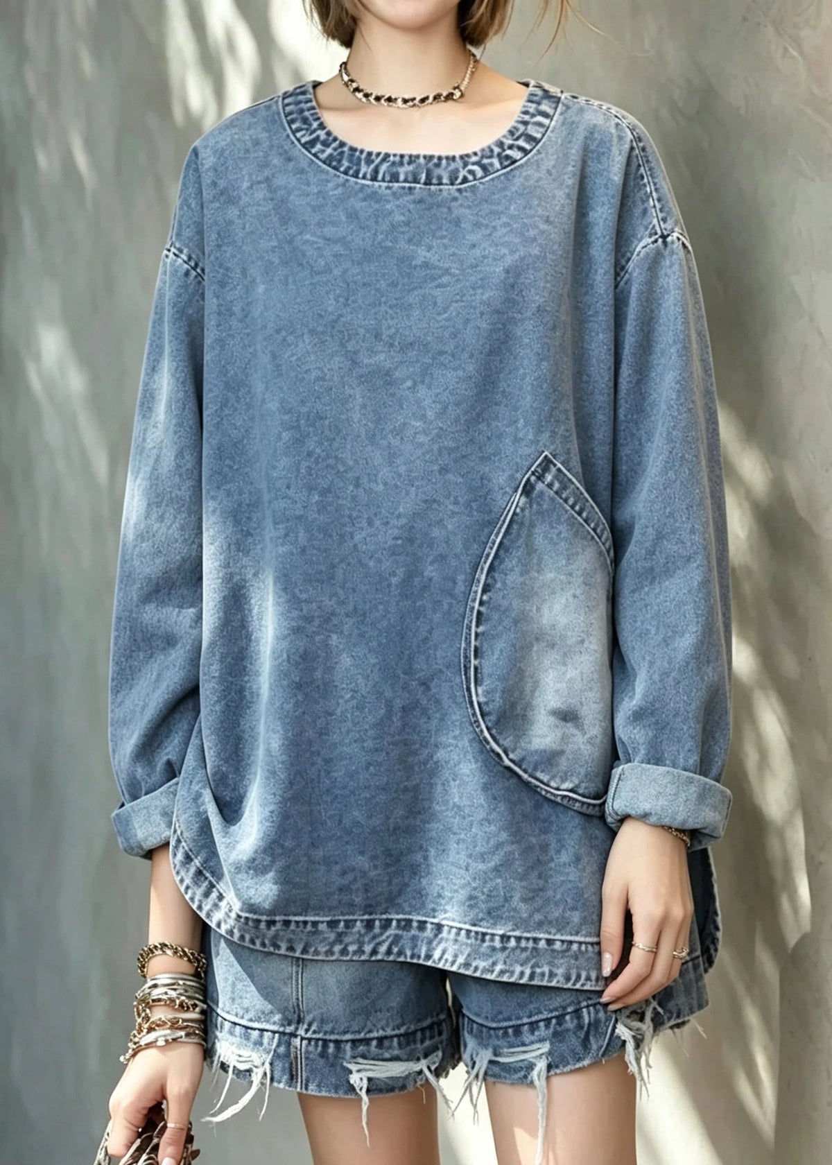 Kvinders Denim Todelt Sæt med Top og Shorts Plus Size 2