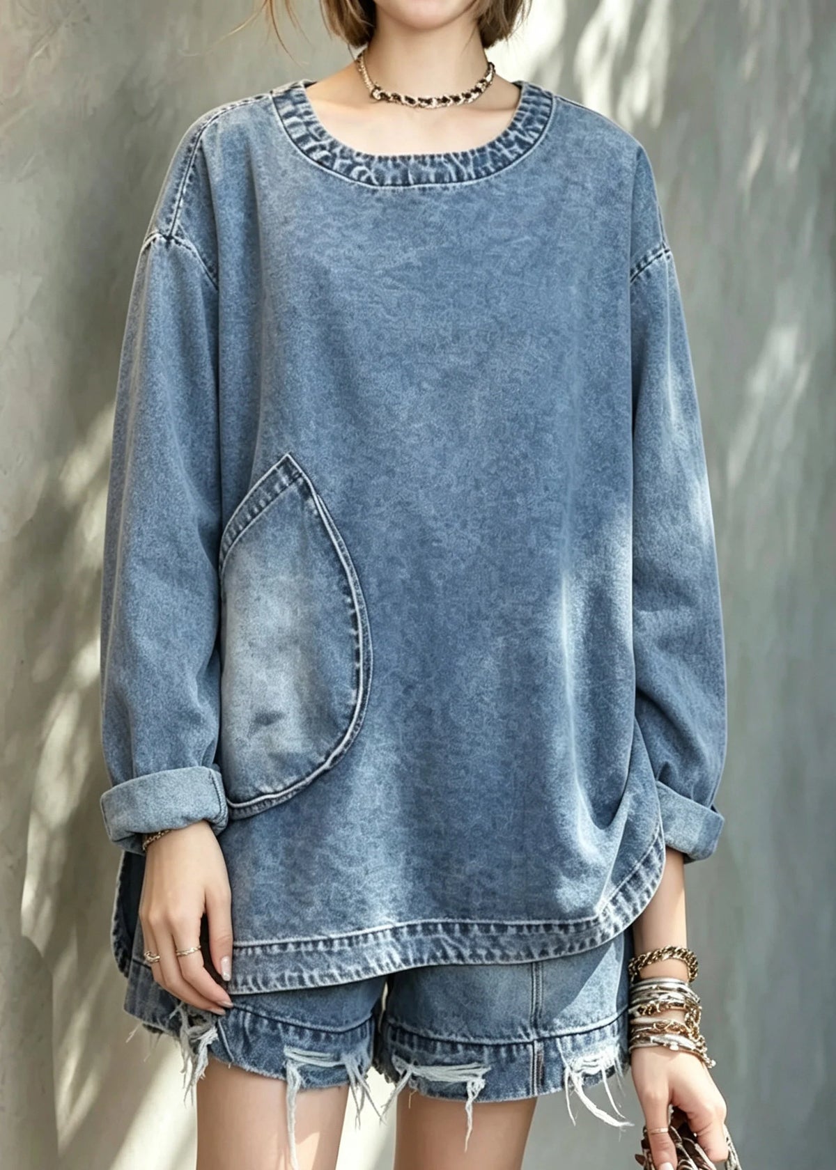Kvinders Denim Todelt Sæt med Top og Shorts Plus Size 4