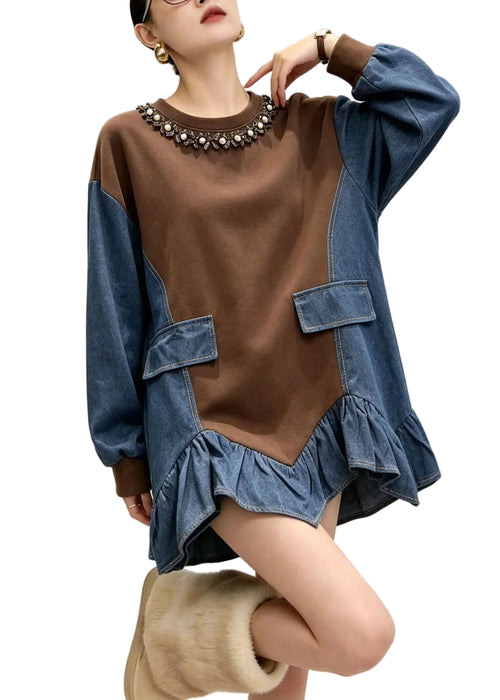 Kvinders Denim Top Asymmetrisk Patchwork Design 0