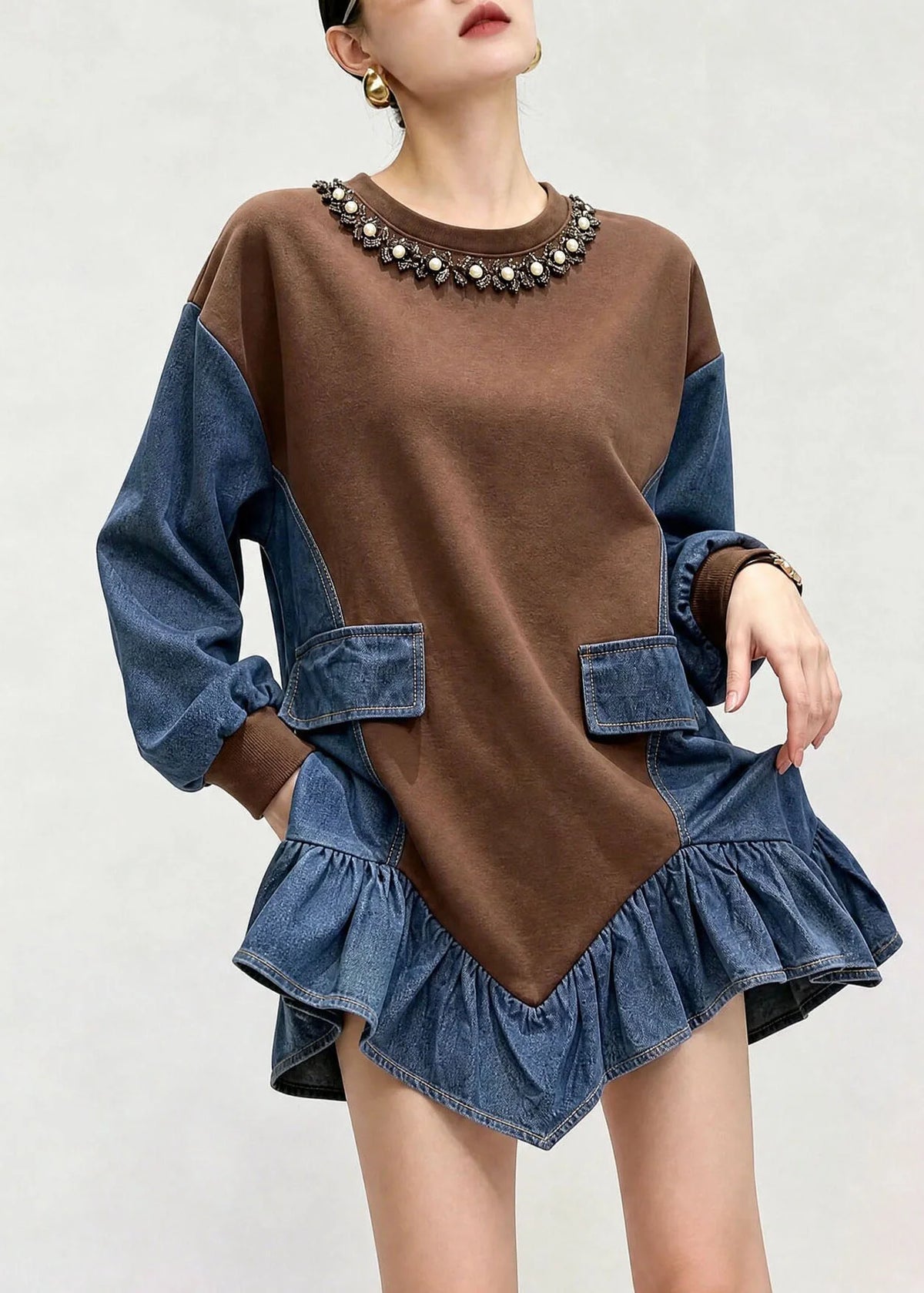 Kvinders Denim Top Asymmetrisk Patchwork Design 1