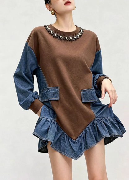 Kvinders Denim Top Asymmetrisk Patchwork Design 1