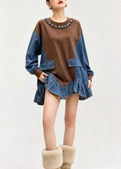 Kvinders Denim Top Asymmetrisk Patchwork Design 3