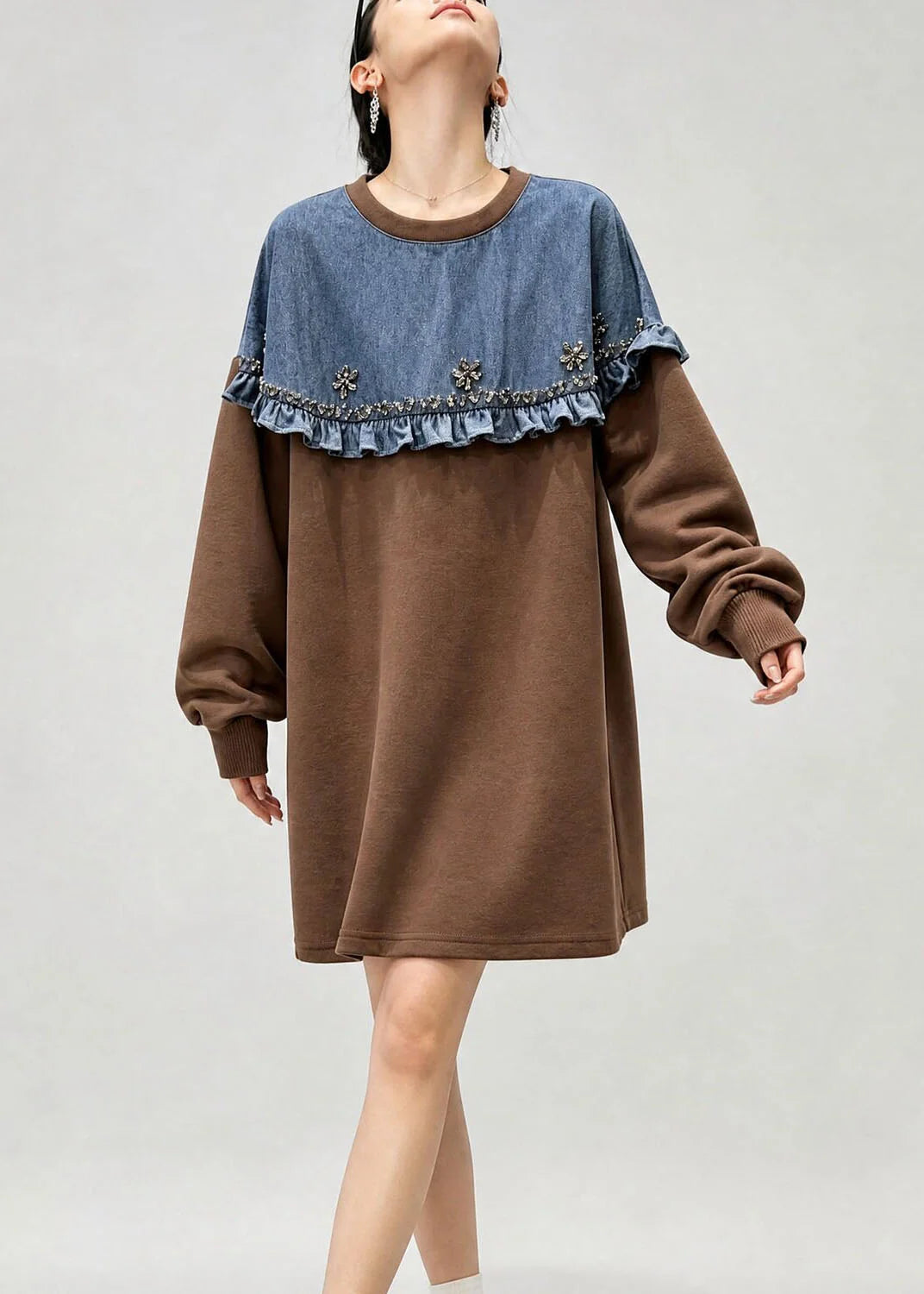Kvinders Denim Top O-hals Flæset Patchwork 2