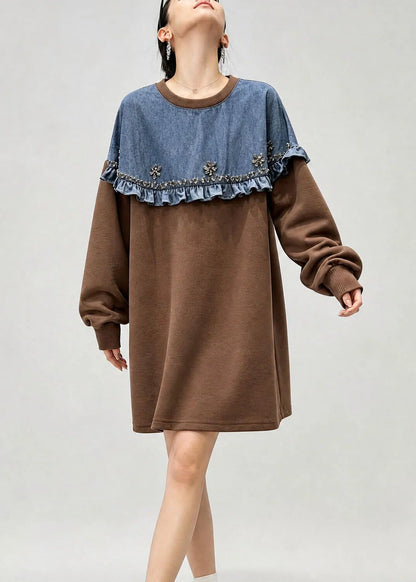 Kvinders Denim Top O-hals Flæset Patchwork 2