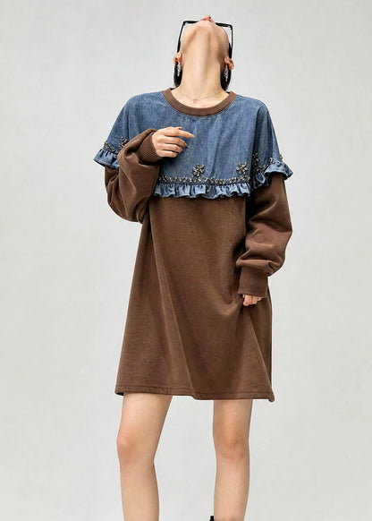 Kvinders Denim Top O-hals Flæset Patchwork 3