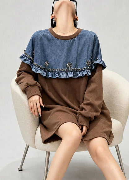 Kvinders Denim Top O-hals Flæset Patchwork 4