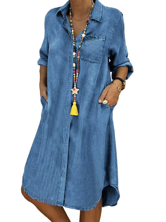 Kvinders Denimkjole Skjortedesign Med Lange Ærmer 0
