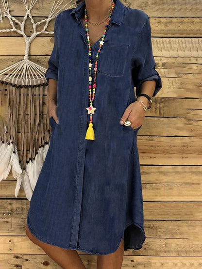 Kvinders Denimkjole Skjortedesign Med Lange Ærmer 2