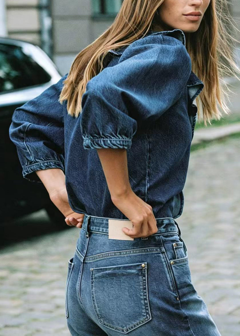 Kvinders Denimskjorte med V-hals og Flæser Langærmet 0