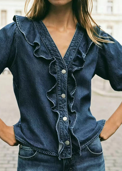 Kvinders Denimskjorte med V-hals og Flæser Langærmet 3