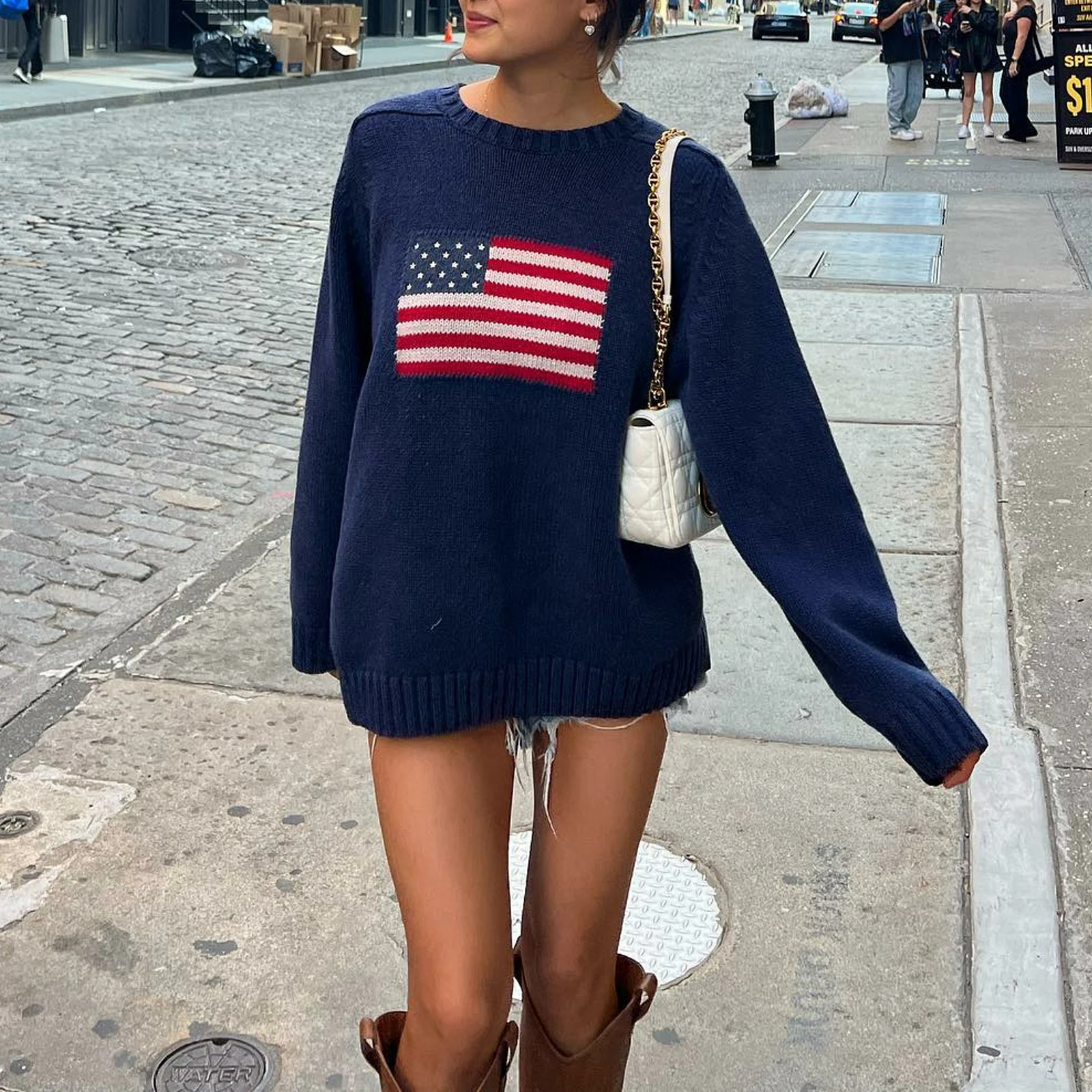 Kvinders Efterårs Sweater med Amerikansk Flag Design 0