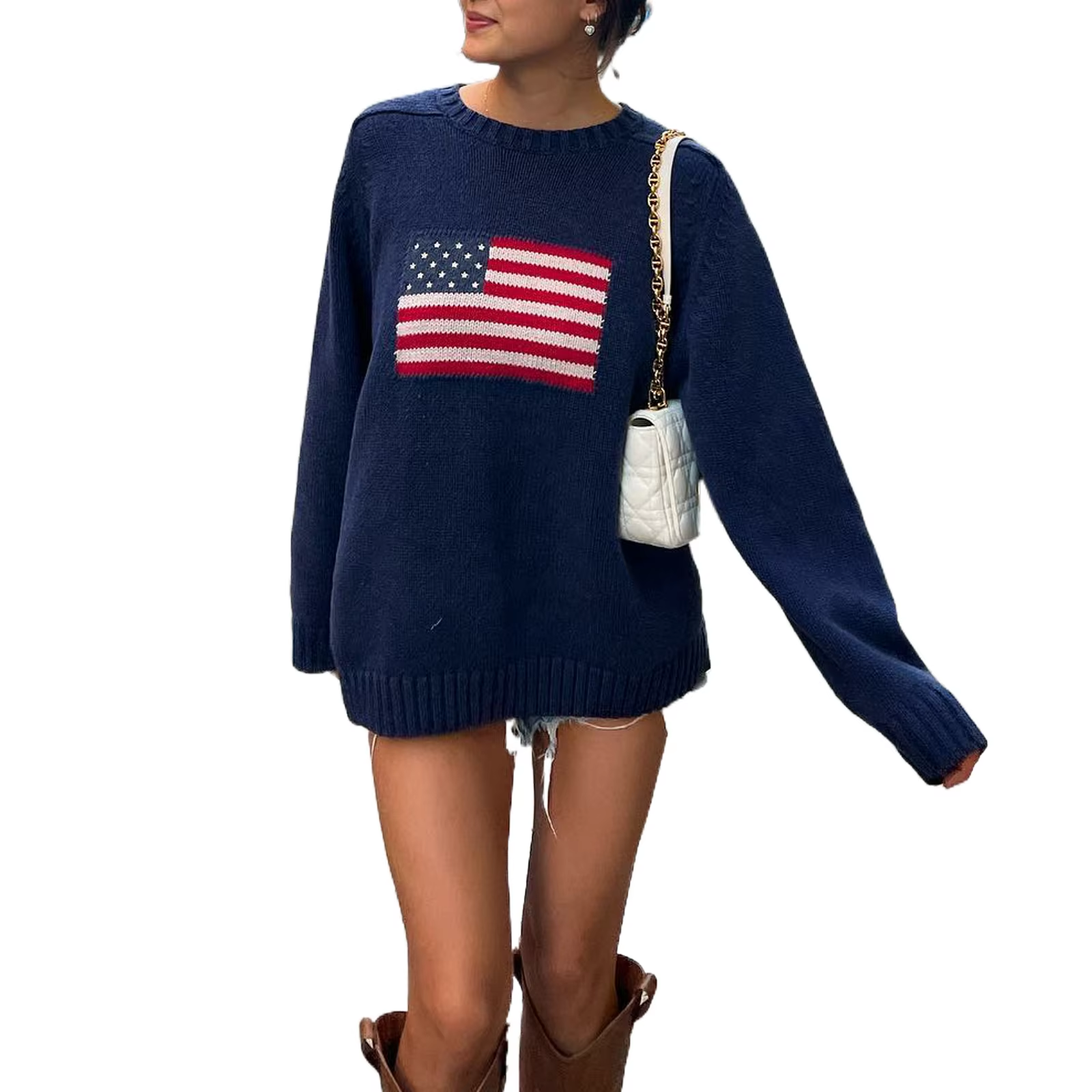 Kvinders Efterårs Sweater med Amerikansk Flag Design 3