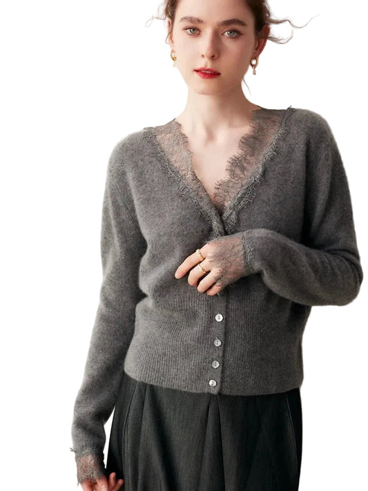 Kvinders Figursyet Cardigan med Blondekant V-udskæring og Knap-Front 0