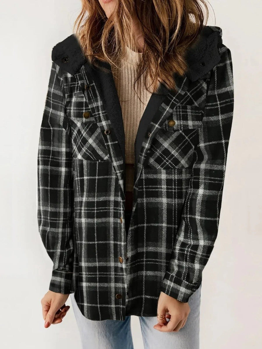 Kvinders Fleecejakke med Hætte og Plaid Design 2