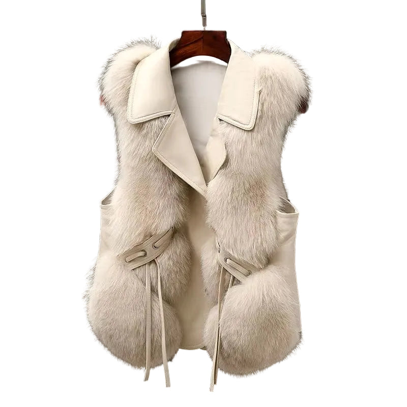 Kvinders Gilet med Krave og Pels Trim, Justerbar Bindeside, Ærmeløs Design 0