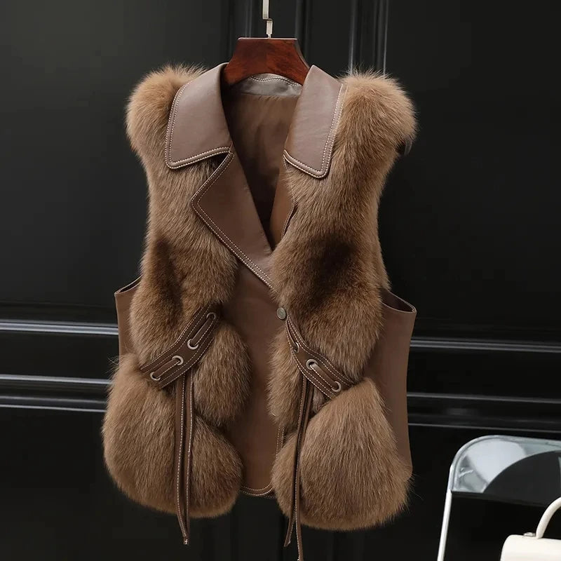 Kvinders Gilet med Krave og Pels Trim, Justerbar Bindeside, Ærmeløs Design 3