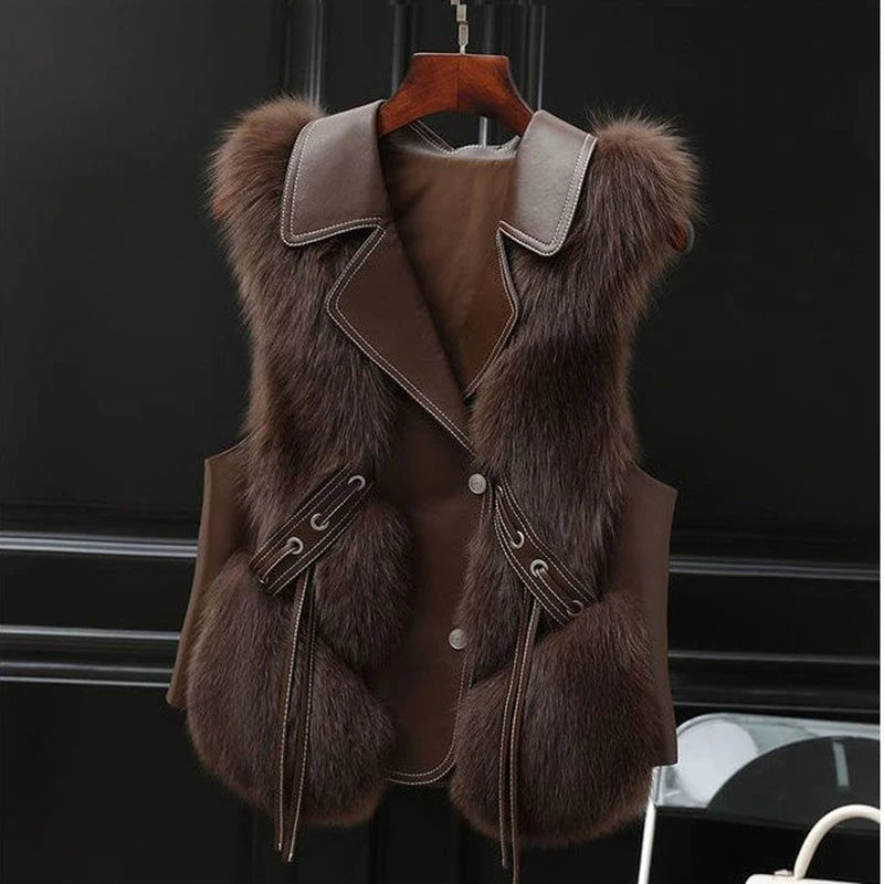 Kvinders Gilet med Krave og Pels Trim, Justerbar Bindeside, Ærmeløs Design 5