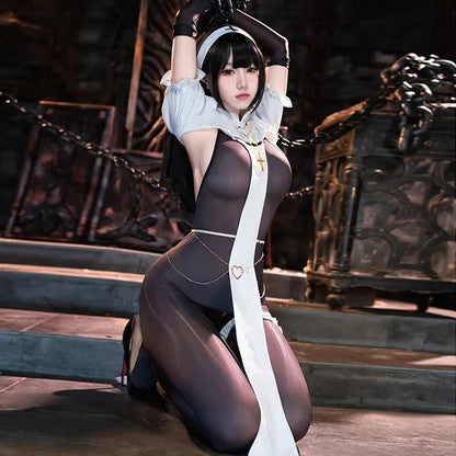 Kvinders Halloween Kostume Nonne Jumpsuit Åben Cup Bodystocking 0