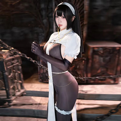 Kvinders Halloween Kostume Nonne Jumpsuit Åben Cup Bodystocking 1