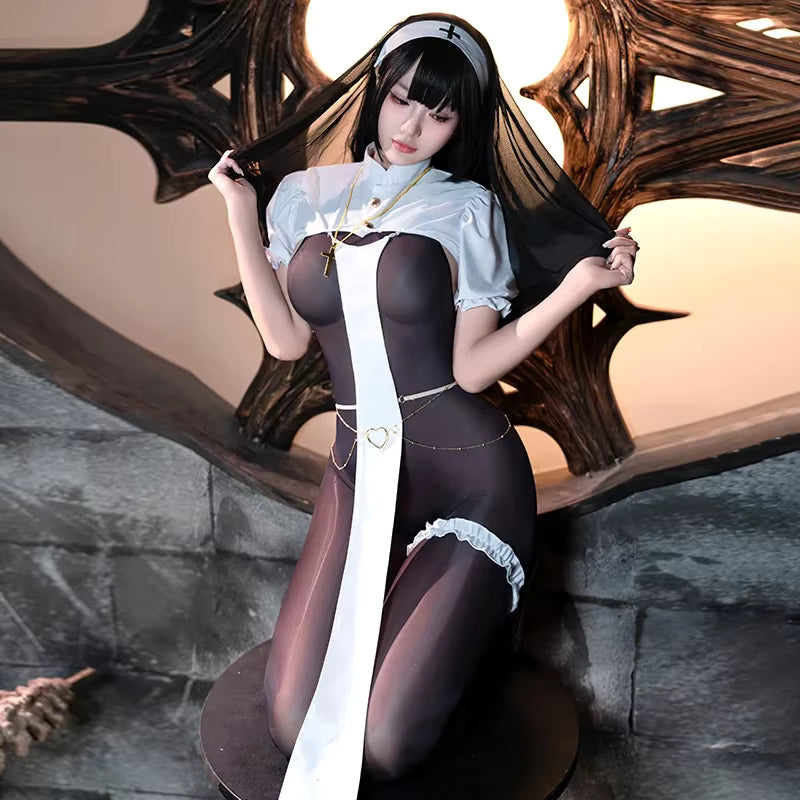 Kvinders Halloween Kostume Nonne Jumpsuit Åben Cup Bodystocking 2