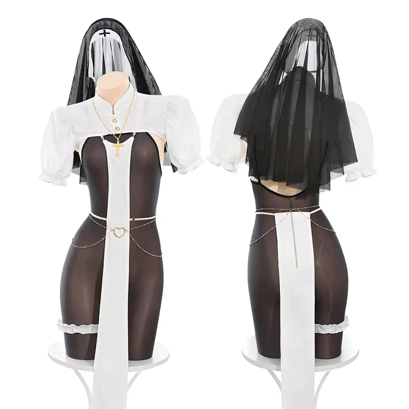 Kvinders Halloween Kostume Nonne Jumpsuit Åben Cup Bodystocking 4