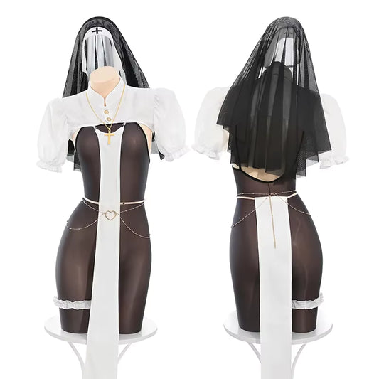 Kvinders Halloween Kostume Nonne Jumpsuit Åben Cup Bodystocking 4