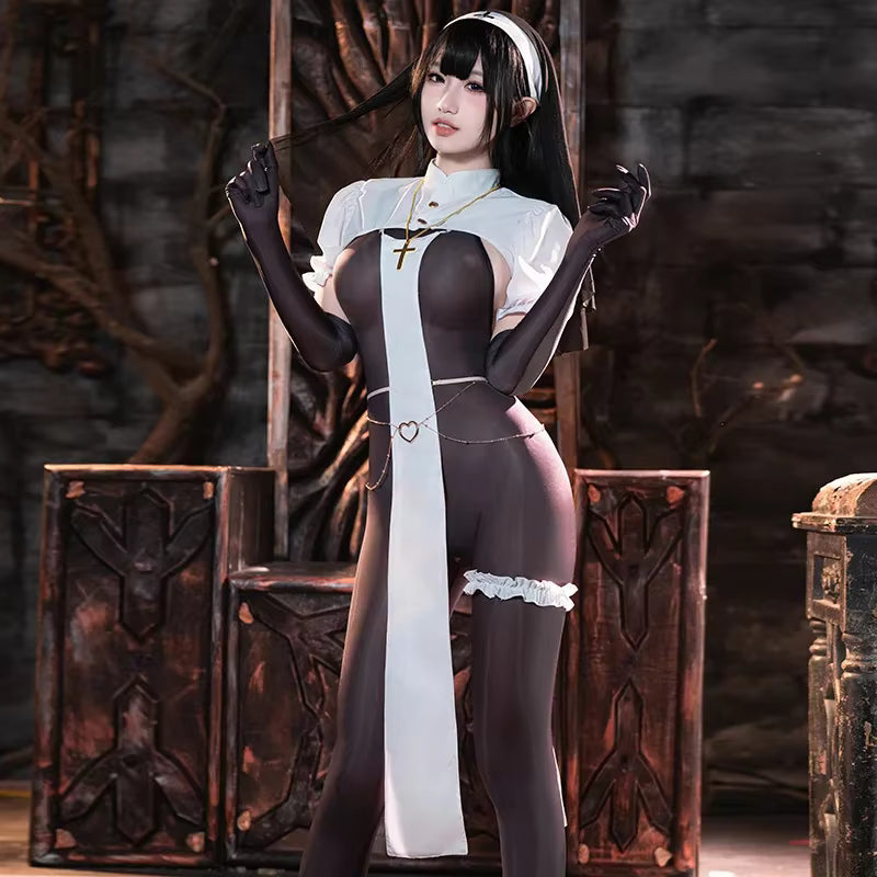 Kvinders Halloween Kostume Nonne Jumpsuit Åben Cup Bodystocking 6