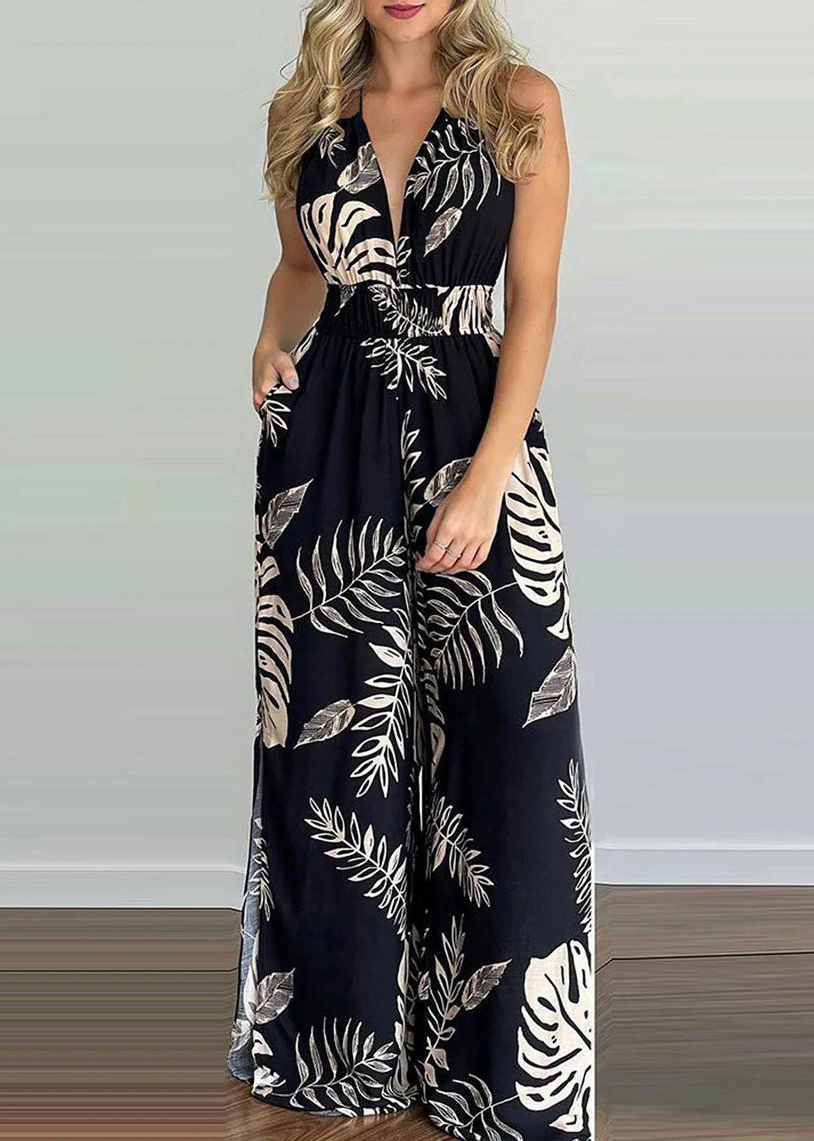 Kvinders Halter Jumpsuit med Elastisk Talje og Print 3