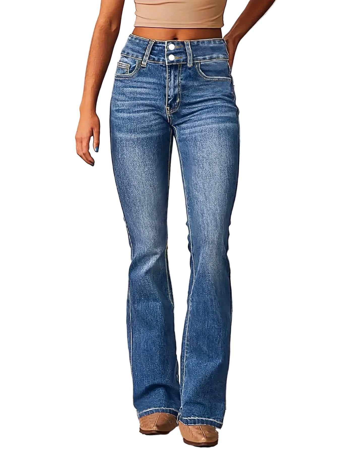 Kvinders Højtaljede Flade Jeans Med Lynlåsdetalje 0