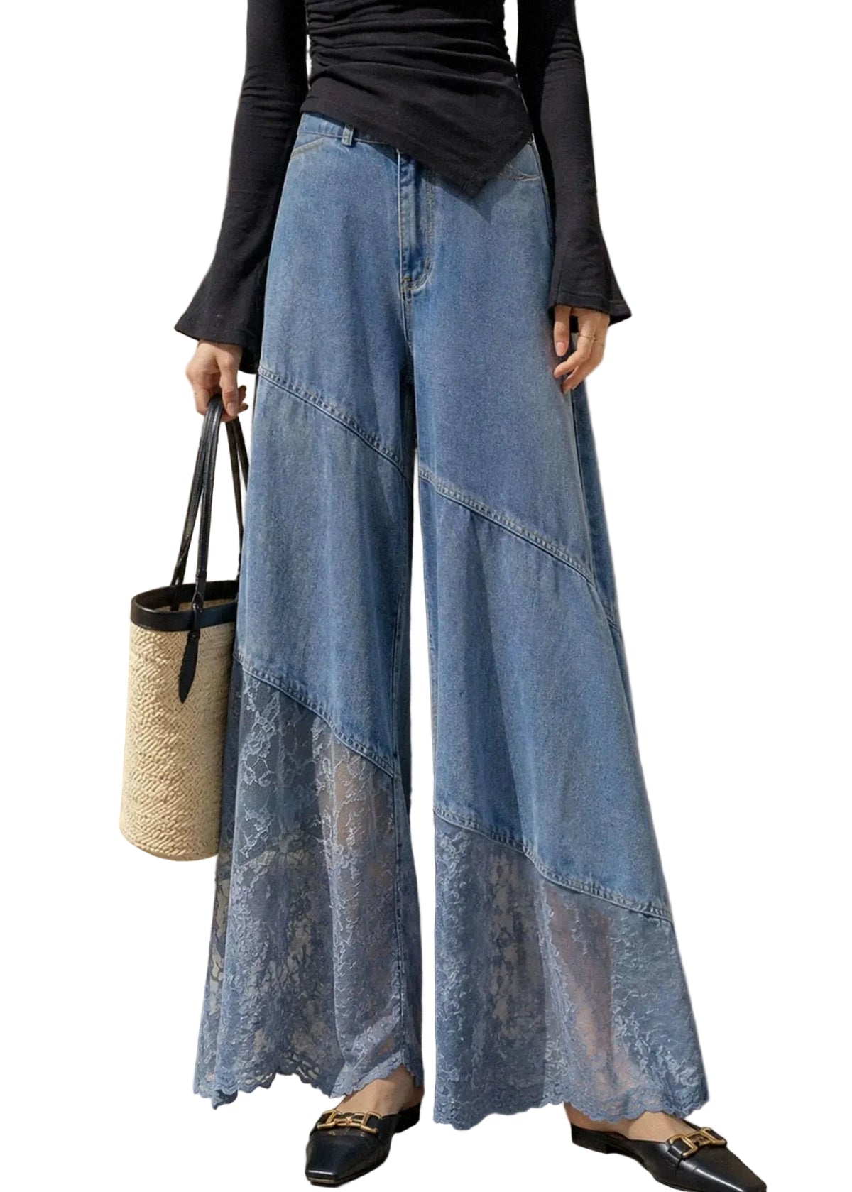 Kvinders Højtaljede Jeans med Blonde Patchwork og Vide Ben 0