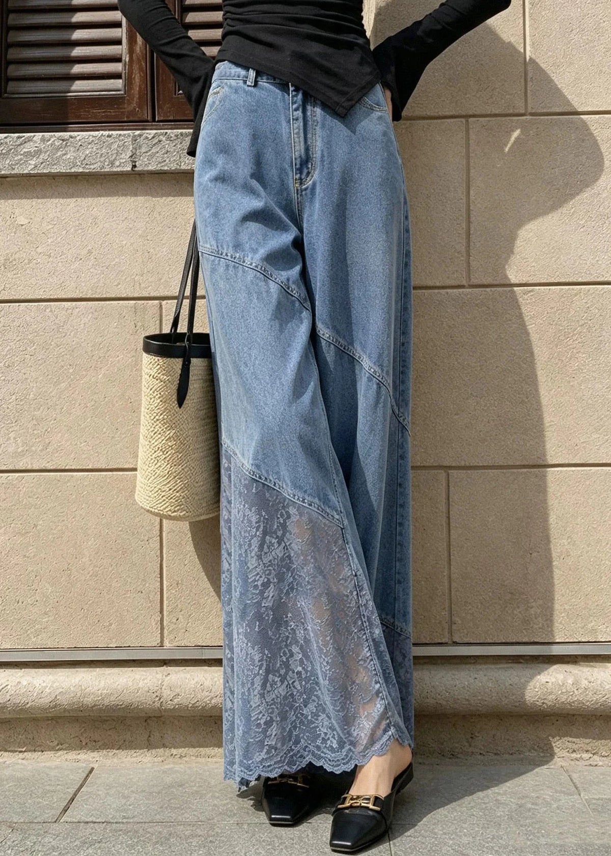 Kvinders Højtaljede Jeans med Blonde Patchwork og Vide Ben 1