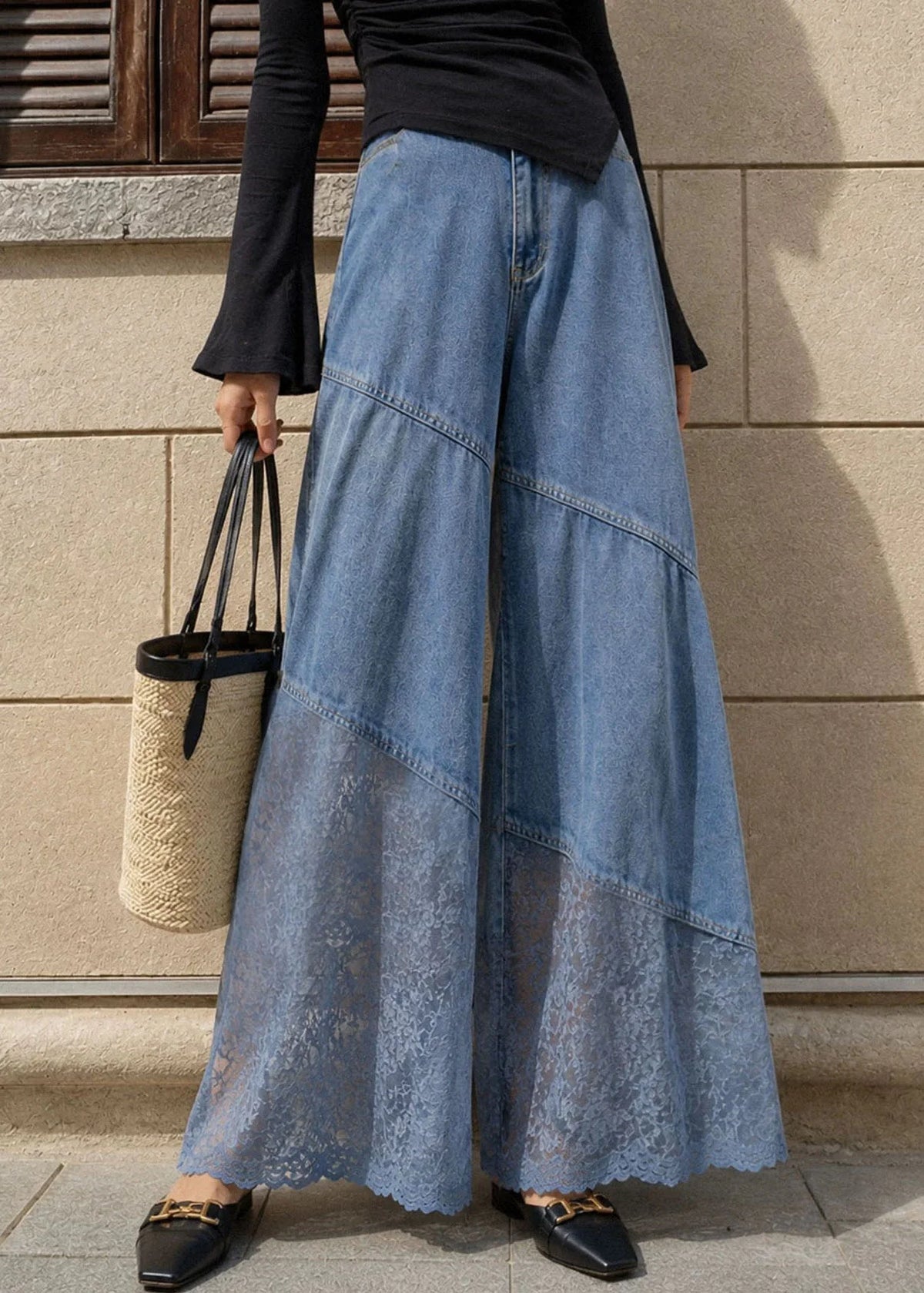 Kvinders Højtaljede Jeans med Blonde Patchwork og Vide Ben 2