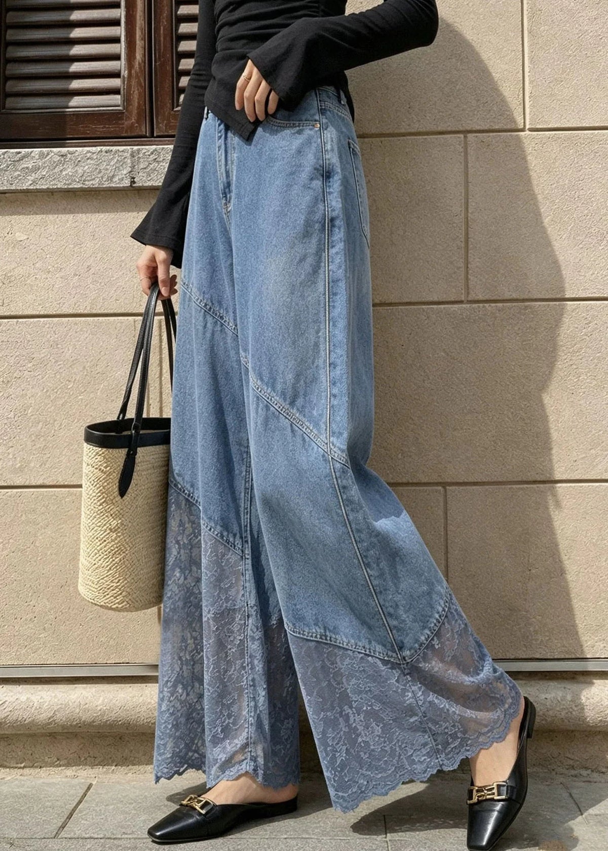 Kvinders Højtaljede Jeans med Blonde Patchwork og Vide Ben 4