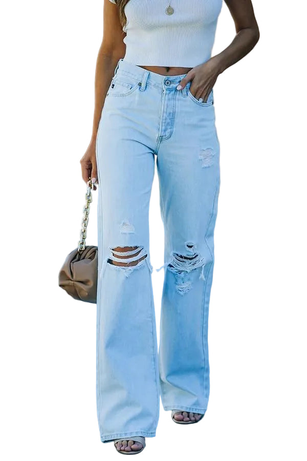 Kvinders Højtaljede Jeans med Brede Ben og Slidte Detaljer 0