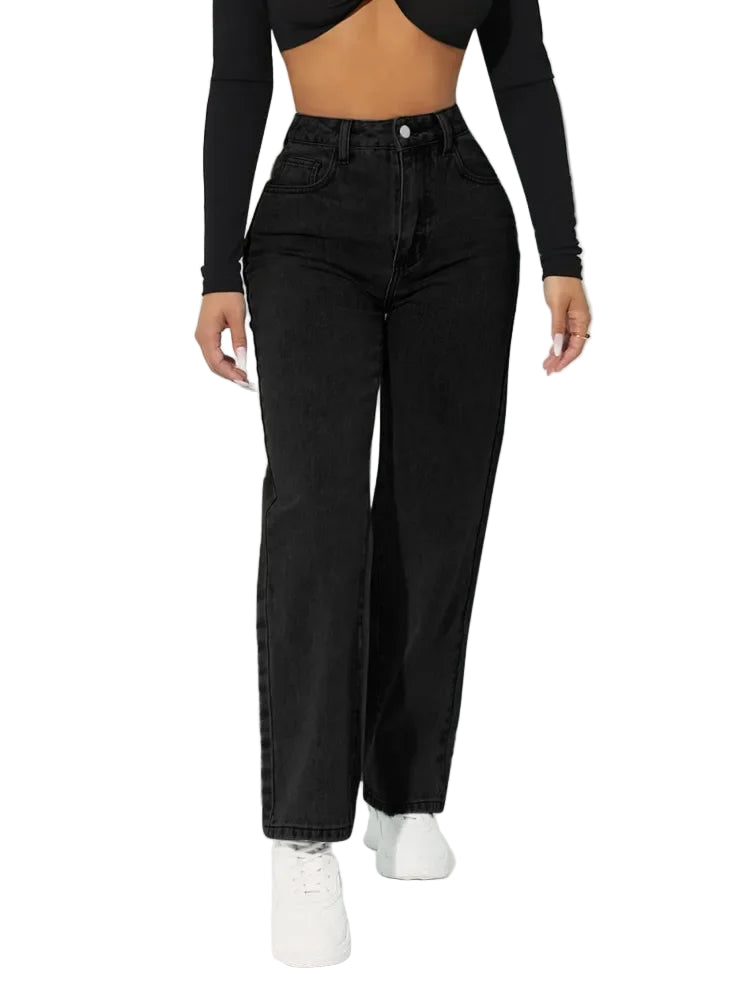 Kvinders Højtaljede Jeans med Lige Ben 0