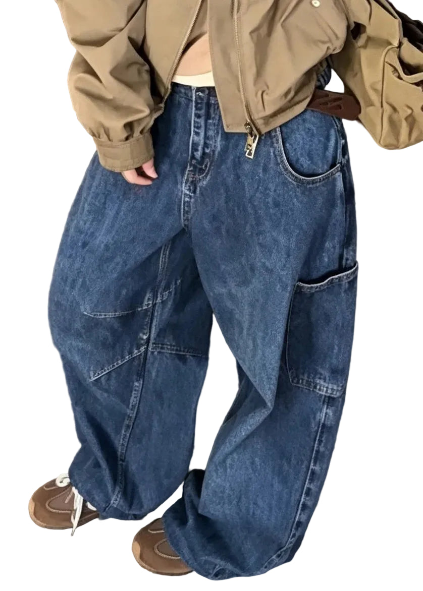 Kvinders Højtaljede Patchwork Jeans med Vide Ben 0