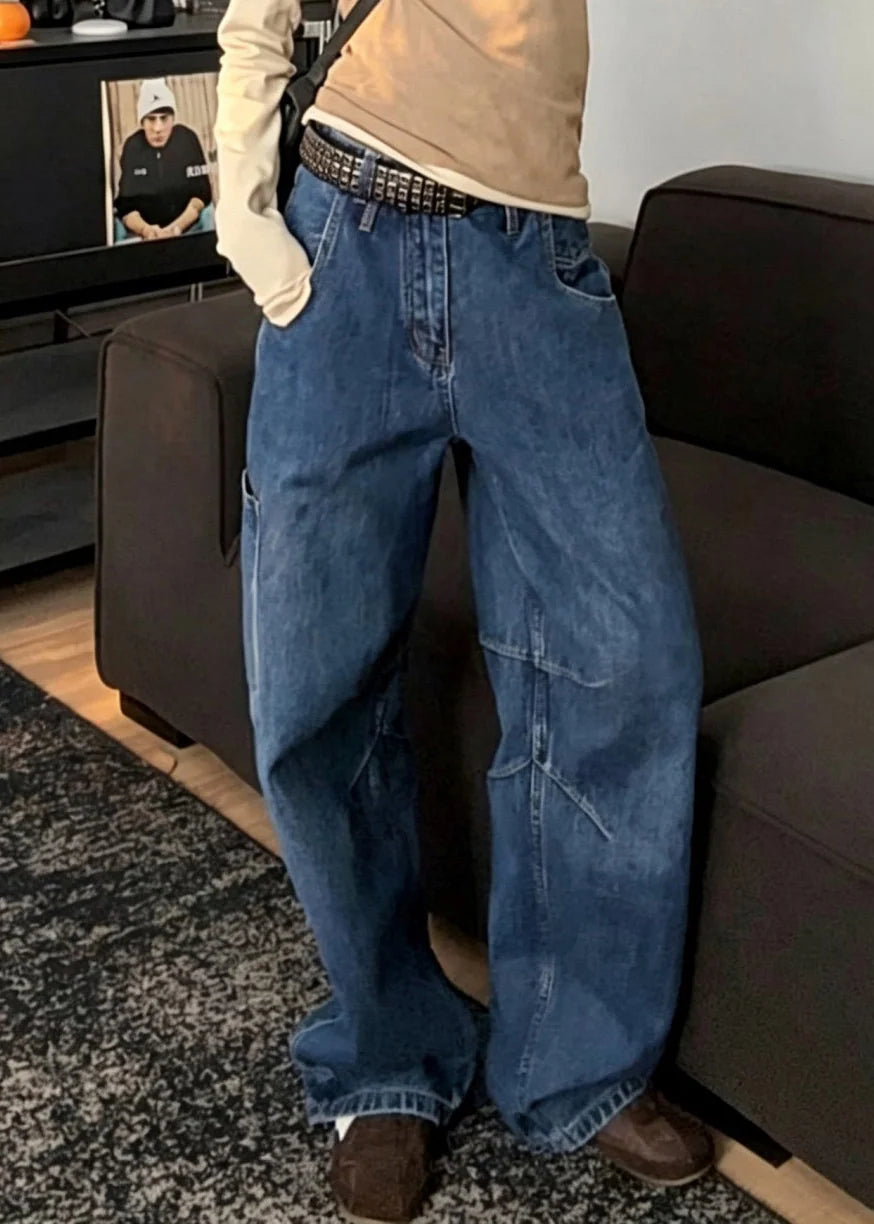 Kvinders Højtaljede Patchwork Jeans med Vide Ben 1