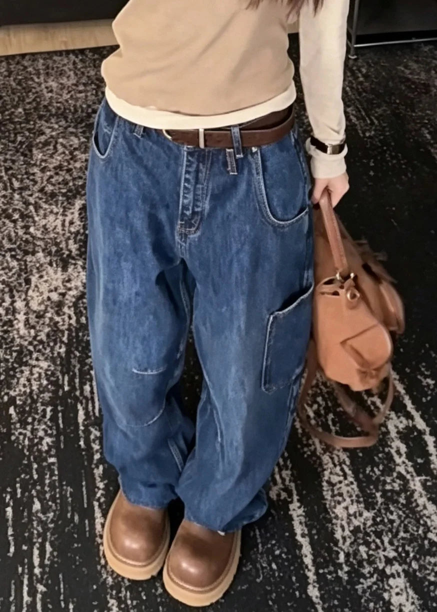 Kvinders Højtaljede Patchwork Jeans med Vide Ben 3