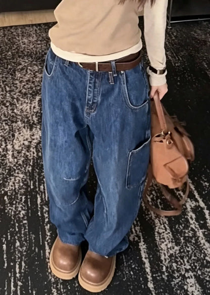 Kvinders Højtaljede Patchwork Jeans med Vide Ben 3