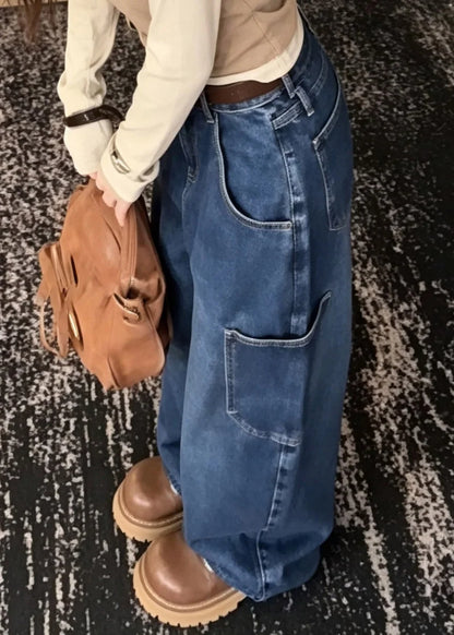 Kvinders Højtaljede Patchwork Jeans med Vide Ben 4