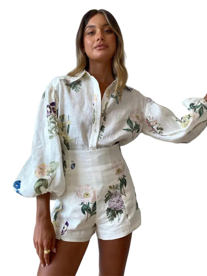 Kvinders Højtaljede Shorts Bluse Sæt Blomsterprint Polyester 0