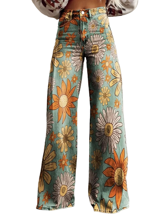 Kvinders Jeans med Brede Ben og Blomsterprint 0