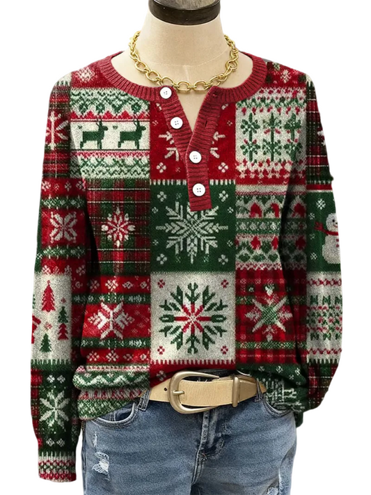Kvinders Julesweater Med Rensdyr Og Snefnug Patchwork Design 0
