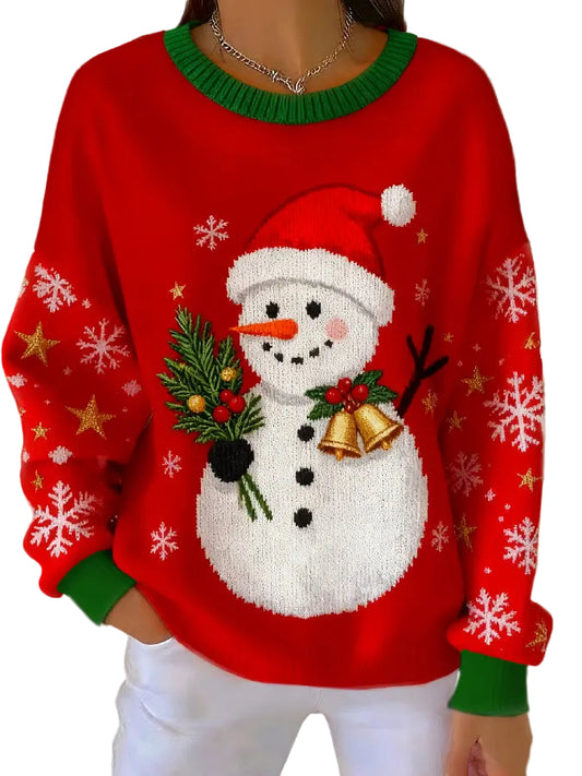 Kvinders Julesweater Med Snemandsprint Casual Stil 0