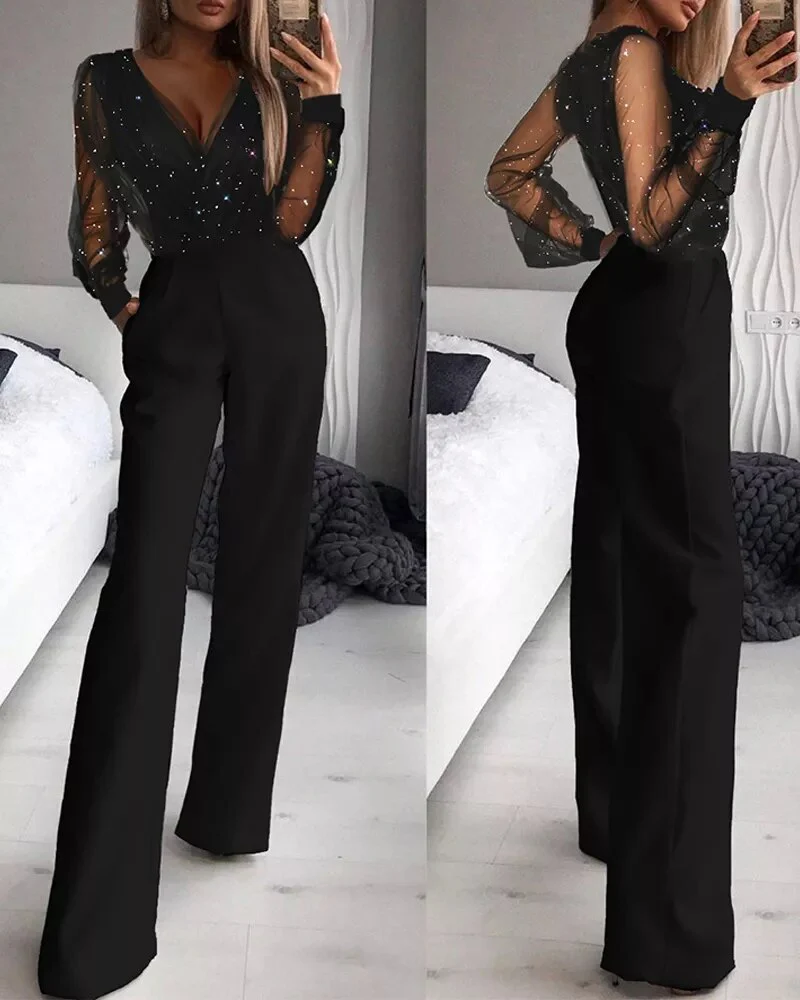 Kvinders Jumpsuit med Lange Ærmer og Vidbenet Design 1